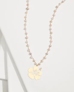 Tropical Blooms Hibiscus Pendant Pearl Necklace
