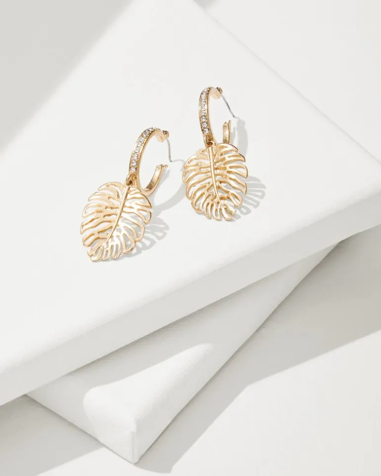 Tropical Blooms Pave Monstera Drop Hoop Earrings